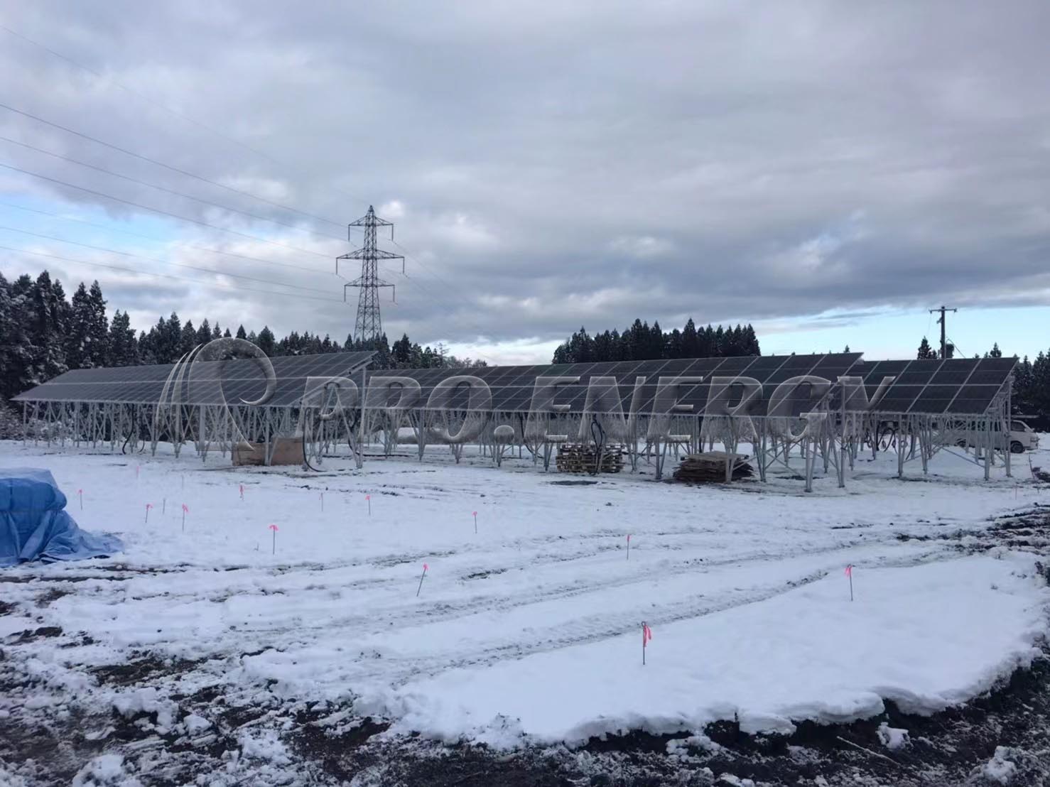 ZAM ground-mounted solar racking system under snowy condition in Hokkaido Japan, heavy snow resistant PV mounting