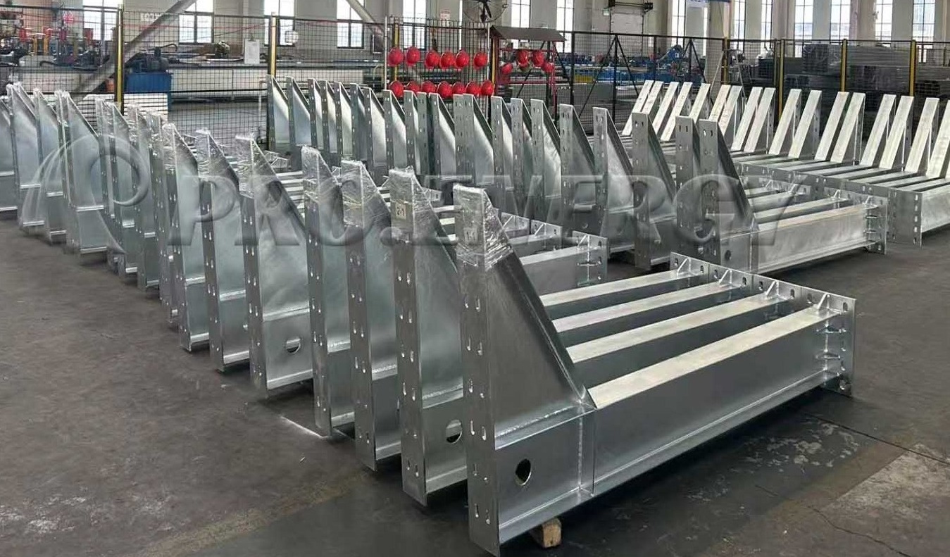 Single-column solar carport mounting components in factory workshop